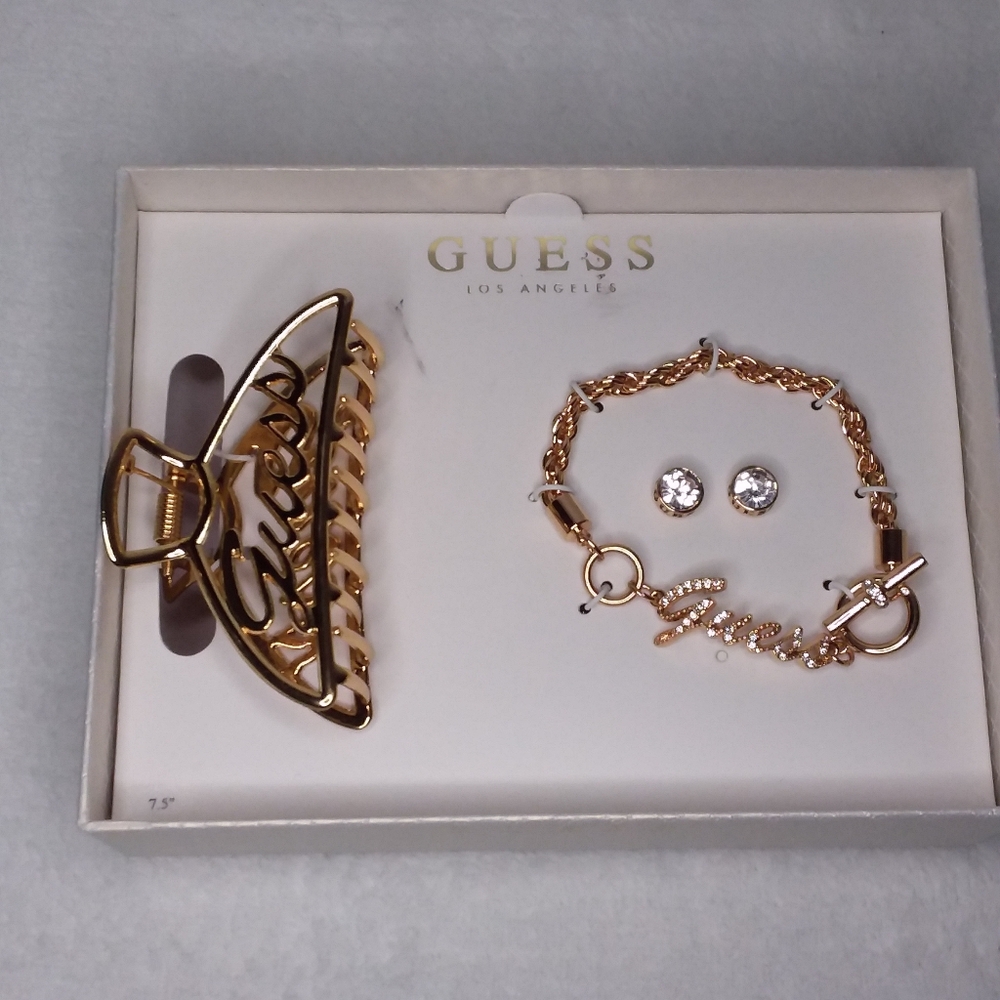 Bracelet Hair Clip Pierce Studs Gold Tone Clear Rhinestones Guess